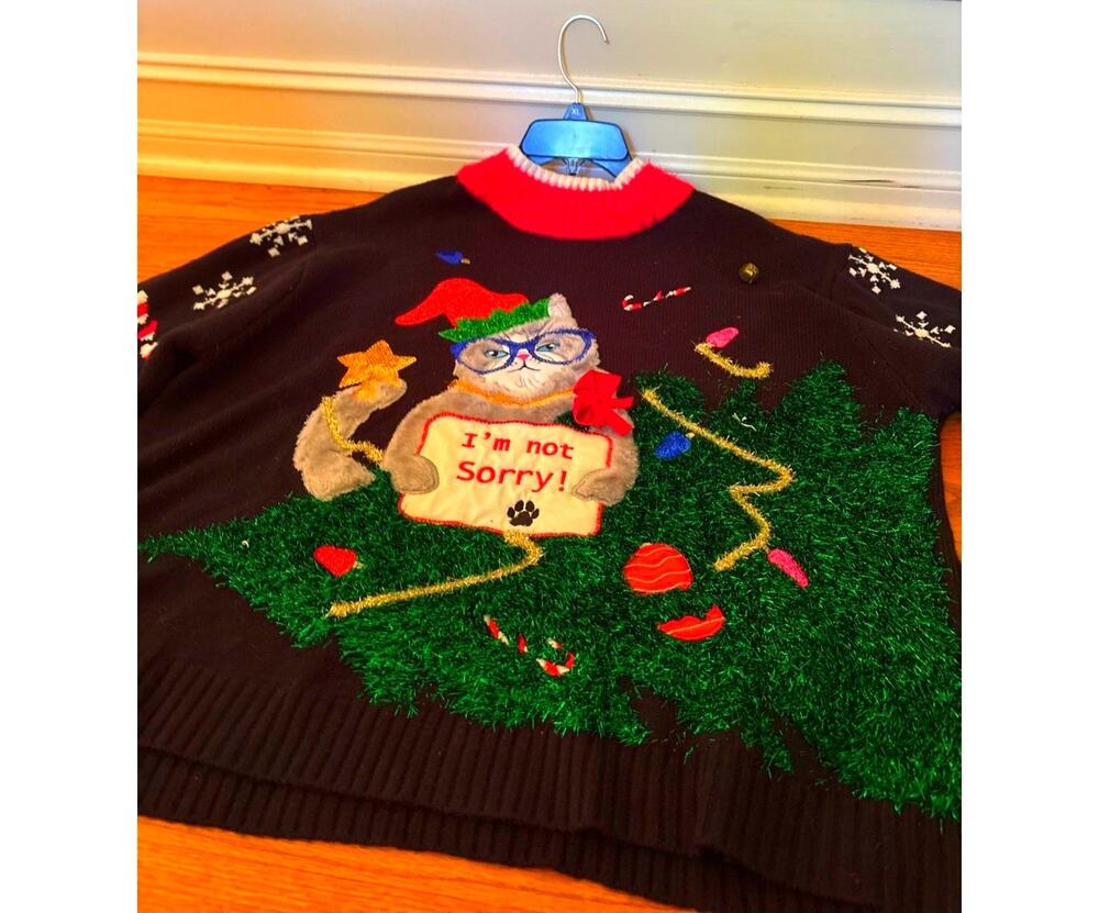 Kitty Cat Christmas Holiday Ugly Sweater 3D 33degreeswomen Sz XXL Sequins Paw